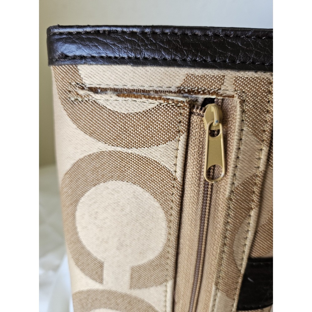 Coach Brown Leather Checkbook Wallet in Signature Canvas - Khaki and Tan - Picture 13 of 16